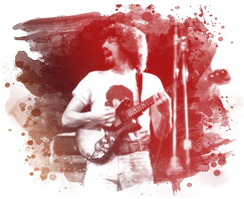 Decorative watercolor-style image of guitarist Paul Rappaport performing onstage, wearing a white T-shirt and jeans, with a red abstract paint-splash background and microphone stand visible.