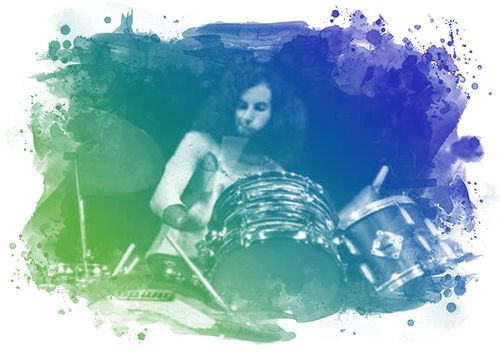 Decorative watercolor-style image of Alan Albert performing behind a drum kit, framed by blue and green abstract paint splashes with a blurred concert-stage background.