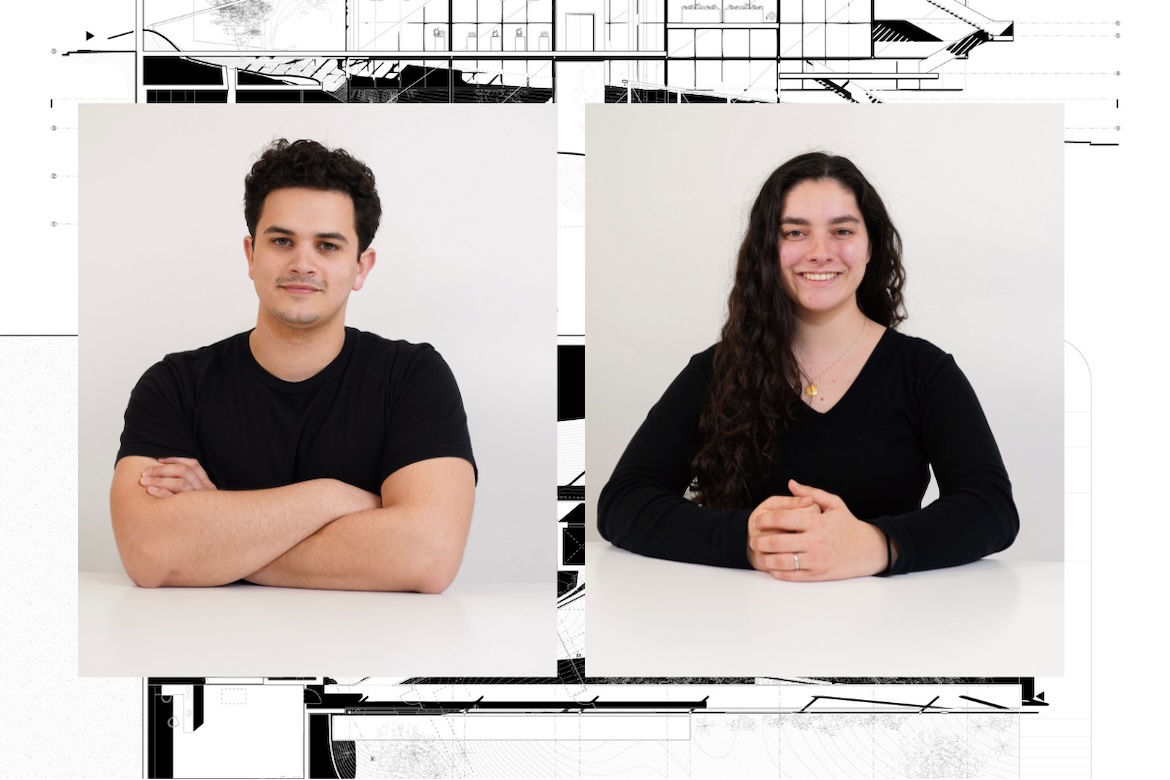 Composite image of Nabil Davidson (left) and EmaLee Davidson, each seated at a white table, with architectural plans in backgound