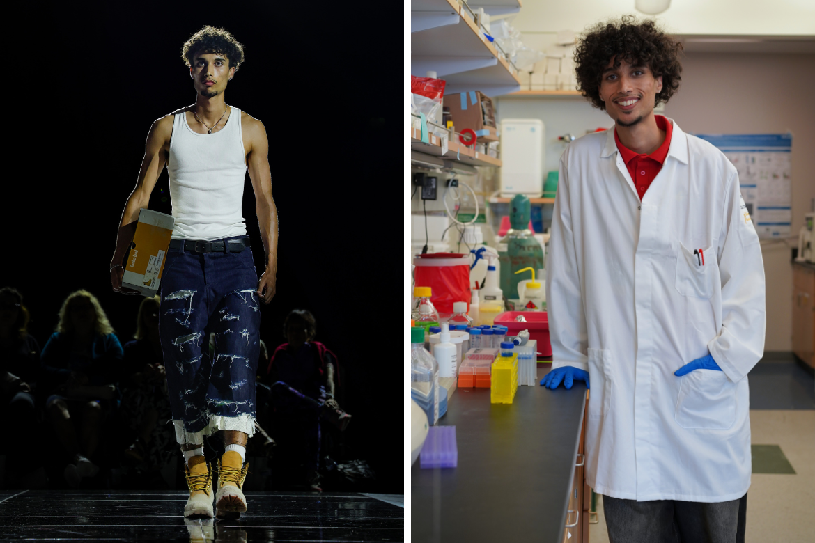 Split screen: Amadu Tadesse walks a fashion runway in a white tank top, distressed dark jeans, and tan boots (left); and stands smiling in a research lab wearing a white lab coat and blue gloves (right).