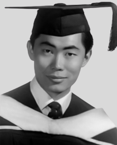 George Takei black-and-white graduation headshot in cap and gown