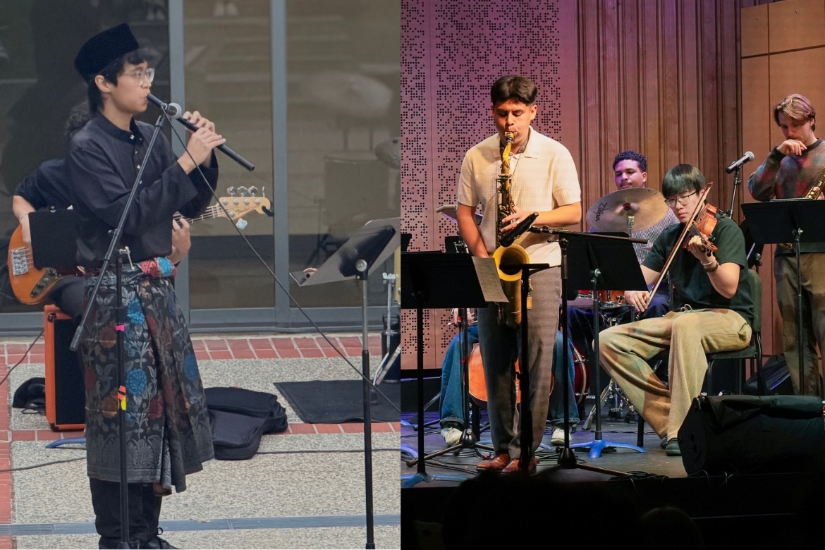 Split screen of Mickey Hasim (left) performing in native costume with flute and Gael Saldana playing saxophone with other musicians in background