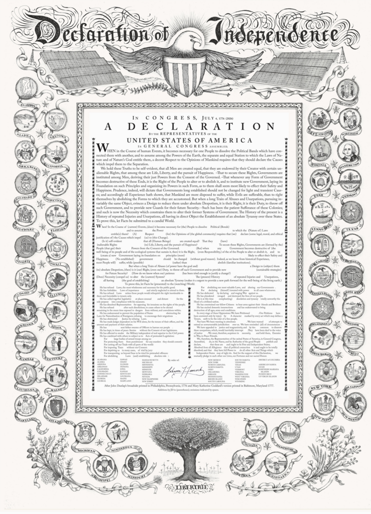 Johanna Drucker's "Re-Declaration Project," an illustrated broadside reimagining the Declaration of Independence, surrounded by hand-drawn state seals, updated patriotic imagery, solar panels, wind turbines and an eagle, blending historic design with contemporary symbols of American democracy.