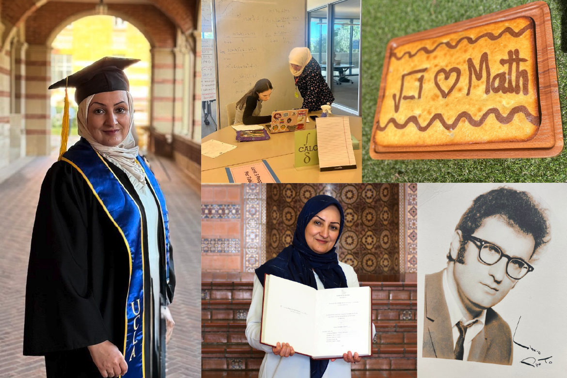 Collage: Azadeh Baniasad in black graduation robe and cap in front of archway; standing over a table watching a laptop; black-and-white headshot of Mohsen Ghalamkar-Moazzam; Baniasad holds large book pages facing camera
