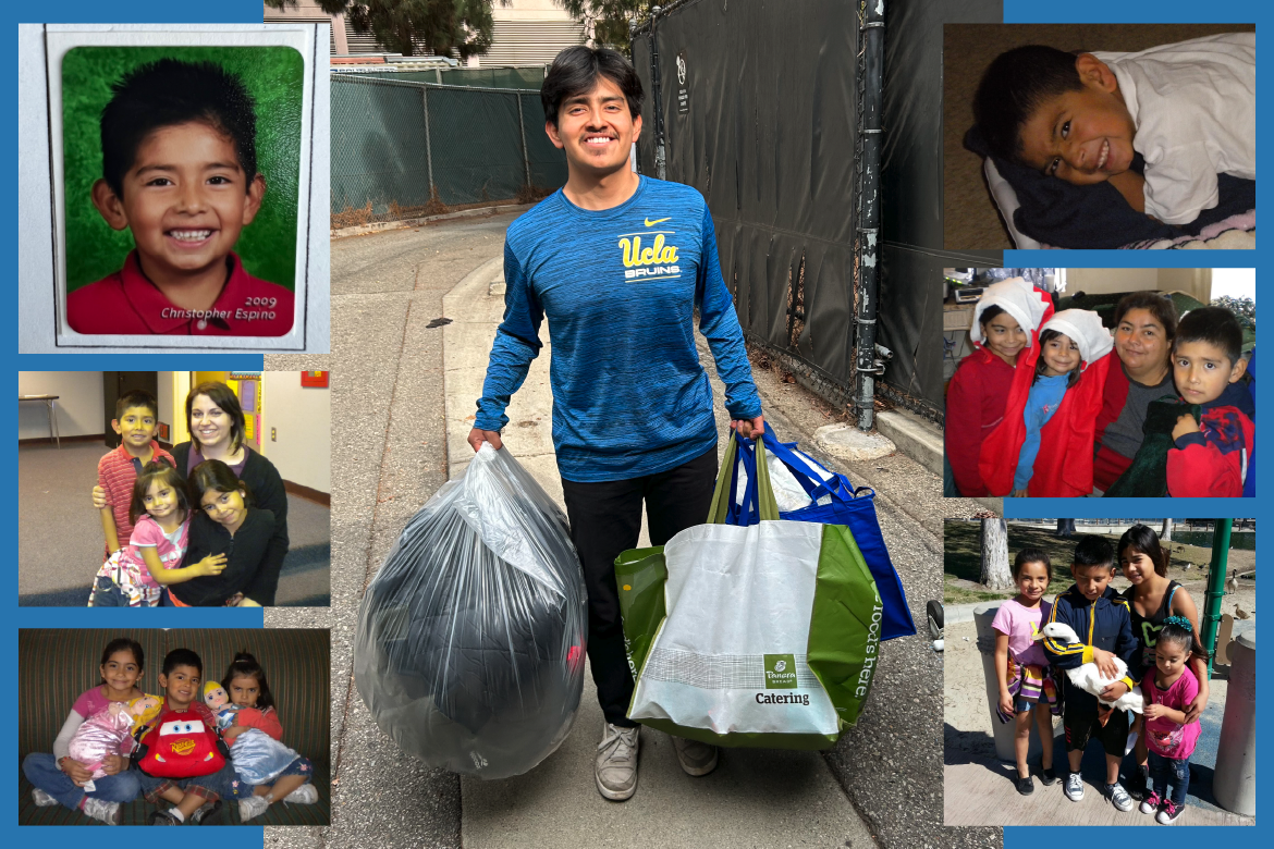 Collage showing Cristopher Espino in blue UCLA shirt carrying donation bags, surrounded by childhood and family photos from different life stages.