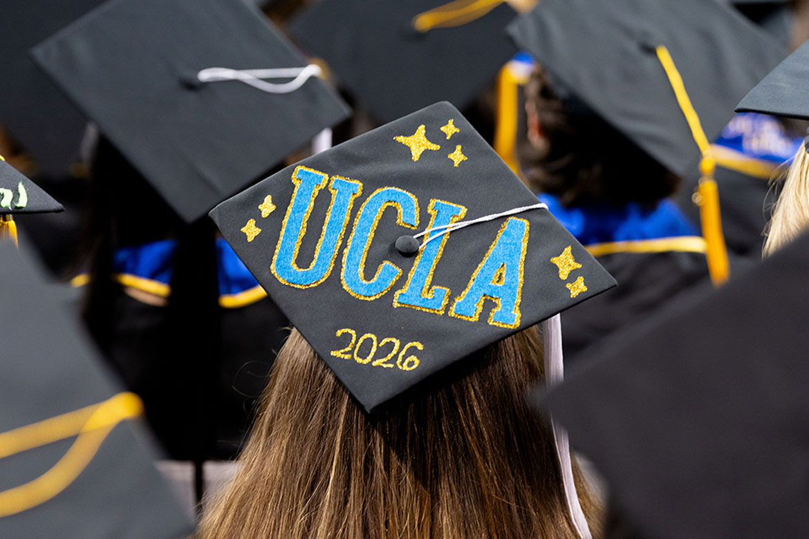 A graduation cap decorated with "UCLA 2026" and stars.