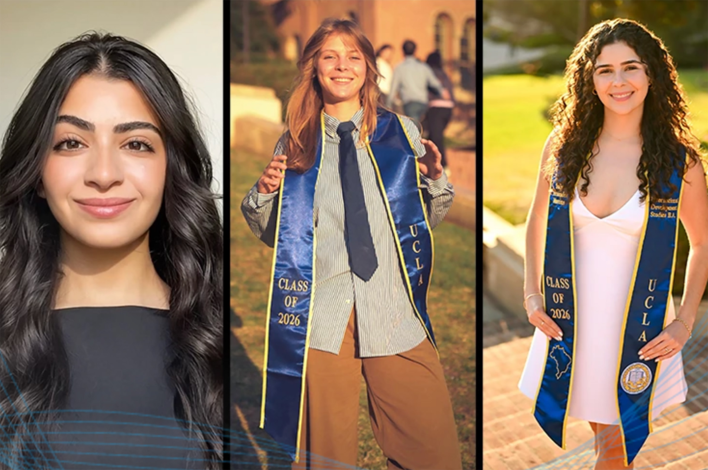 Three-panel collage: Close-up of Aya Ibrahim in a black top on the left, Emma Joyal wearing a UCLA stole outdoors in the center, and Sofia Fernandes Martins in a white dress and UCLA stole smiling on campus at right.
