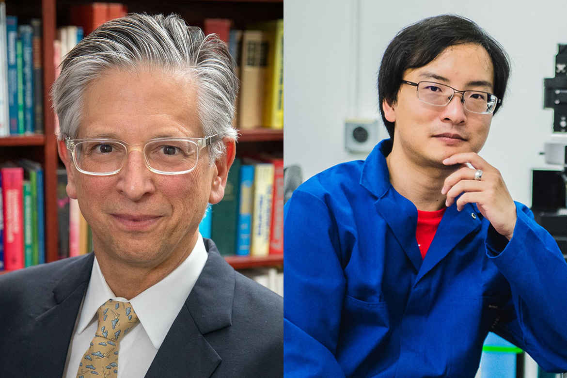 Side-by-side portraits, from left, of Paul Weiss wearing gray suit and clear-framed glasses in front bookshelves, and Naihao Chiang in a blue lab coat and glasses seated in a laboratory with scientific equipment in the background.