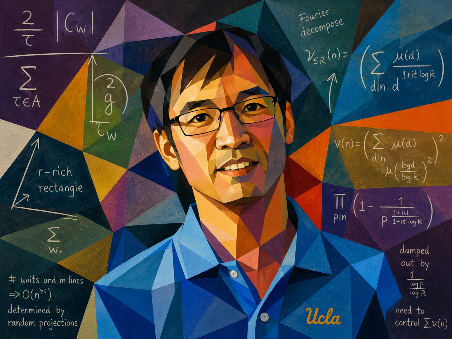 A colorful and angular AI-generated illustrated portrait of Terence Tao, complete with scribbled math problems in the background