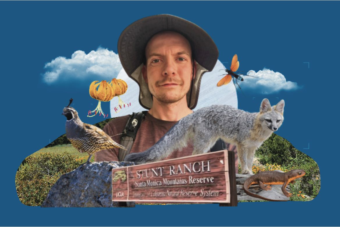 Collage featuring David Blake in a hat, wildlife, flowers and a sign reading “Stunt Ranch, Santa Monica Mountains Reserve.”