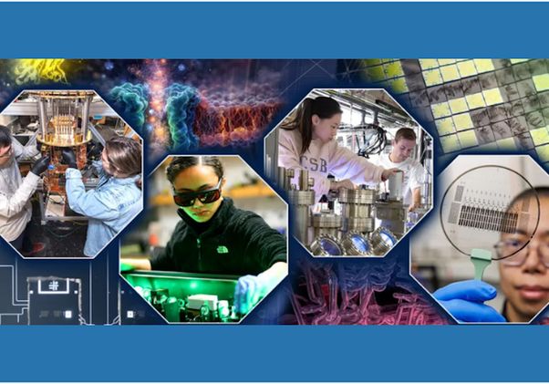 Collage highlighting quantum computing research, with scientists working on advanced laboratory equipment, lasers and quantum devices, set against images of circuitry, molecular structures and microchips.