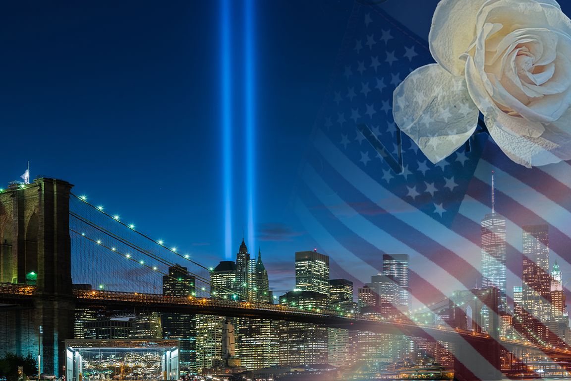 Tribute in Light over the Manhattan skyline for the 25th anniversary of 9/11