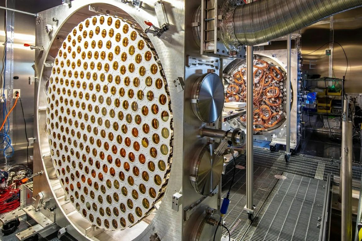 Photomultiplier tube arrays and other equipment for the LZ Dark Matter Experiment at the Sanford Underground Research Facility in Lead, South Dakota.
