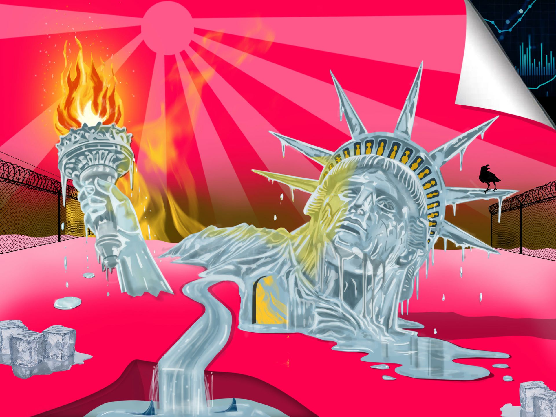 An illustration of the Statue of Liberty made of ice melting under the heat of its own flame