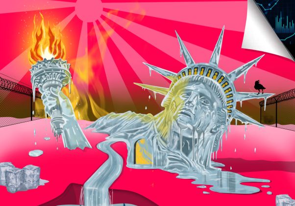 An illustration of the Statue of Liberty made of ice melting under the heat of its own flame