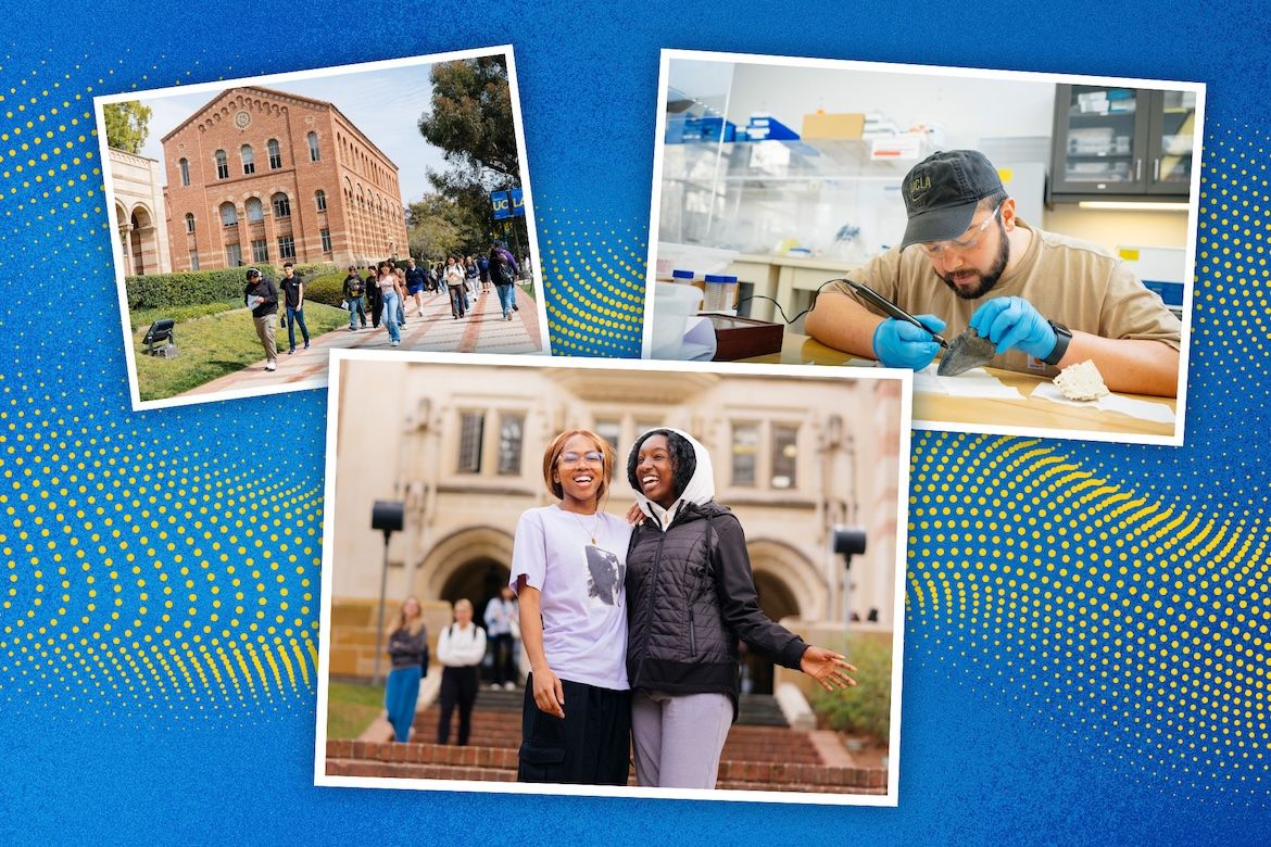 Collage of UCLA students walking on campus, conducting research in a laboratory and posing together outside a campus building, set against a blue-and-gold patterned background.