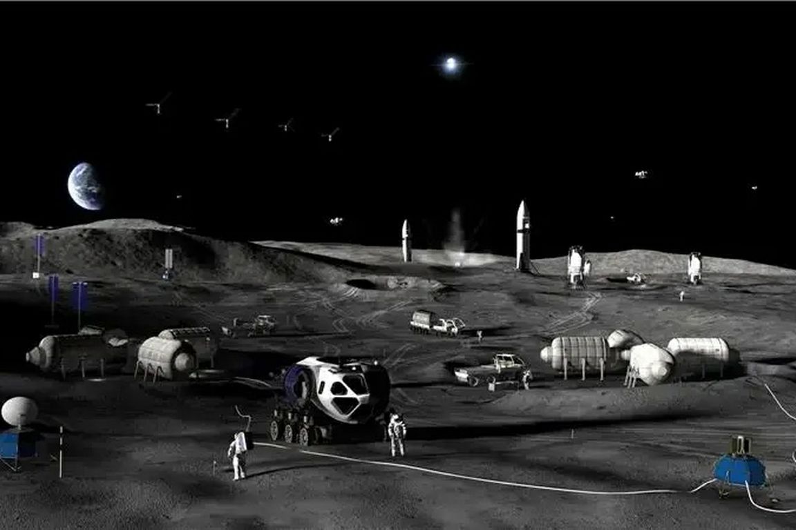 Illustration of a future lunar base with astronauts, rovers and habitats on the moon’s surface, with Earth visible in the distance.