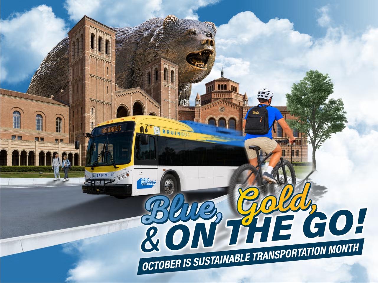  close  Graphic for UCLA Sustainable Transportation Month featuring Royce Hall, the Bruin Bear, a BruinBus and a cyclist, with the text “Blue, Gold, & On the Go! October is Sustainable Transportation Month.”