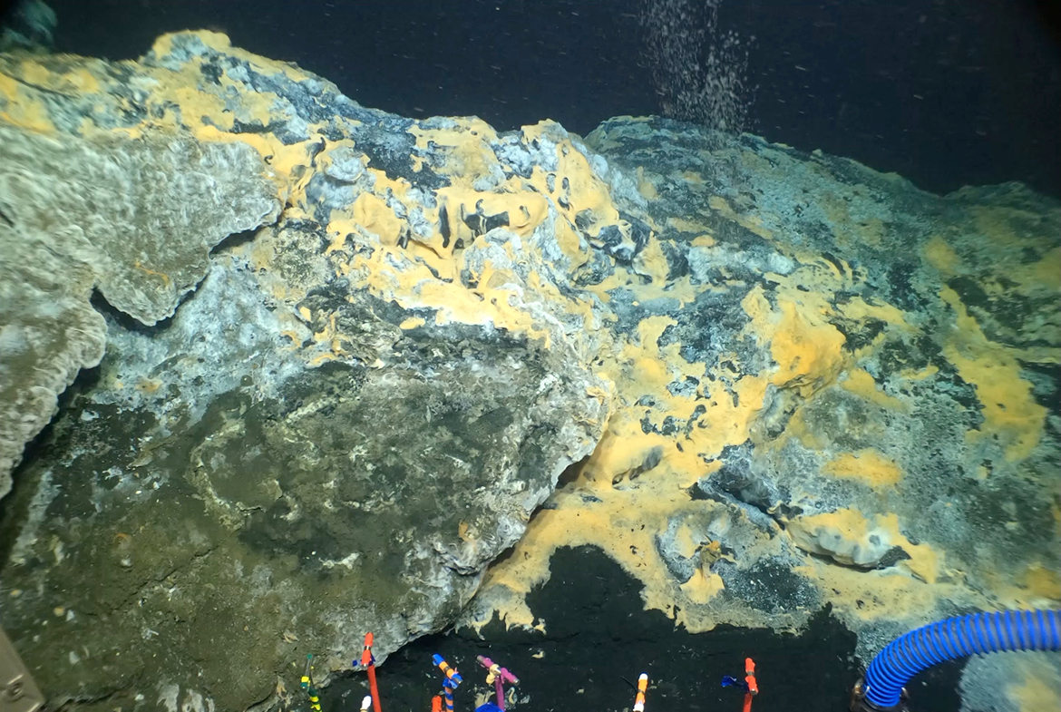 Underwater rocky terrain covered in yellow microbial mats, with equipment visible at the bottom and bubbles rising from a vent.
