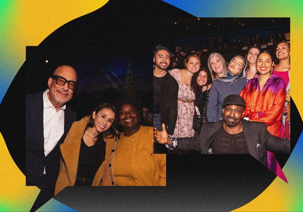 A colorful collage shows two group photos at an event, featuring smiling adults posing together against a black background with bright yellow, green and blue accents.