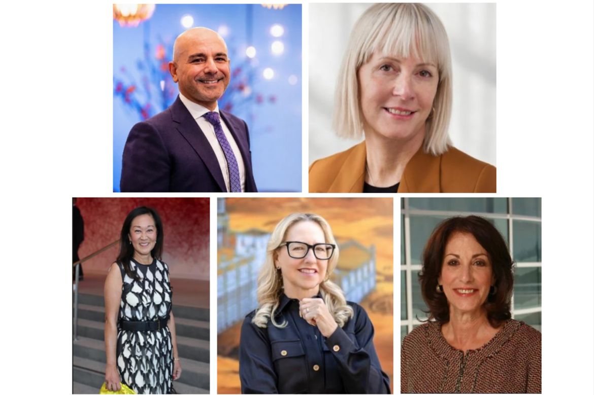 Collage of five professional headshots and portraits, clockwise from top left, of Eric Esrailian, Karen Hillenburg, Joan Weinstein, Alicia de Miñana Lovelace and Leslie McMorrow against varied indoor and outdoor backgrounds.