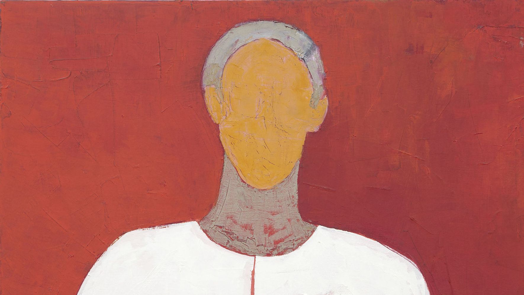 An abstract painting of a woman with a yellow face, grey hair, and a grey neck in front of a bright red background.