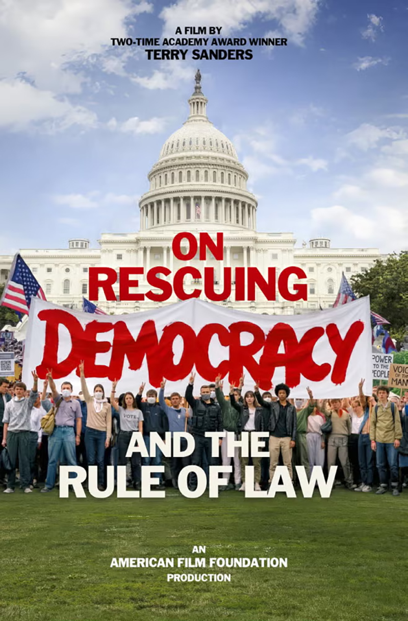 A documentary poster shows protesters holding a red