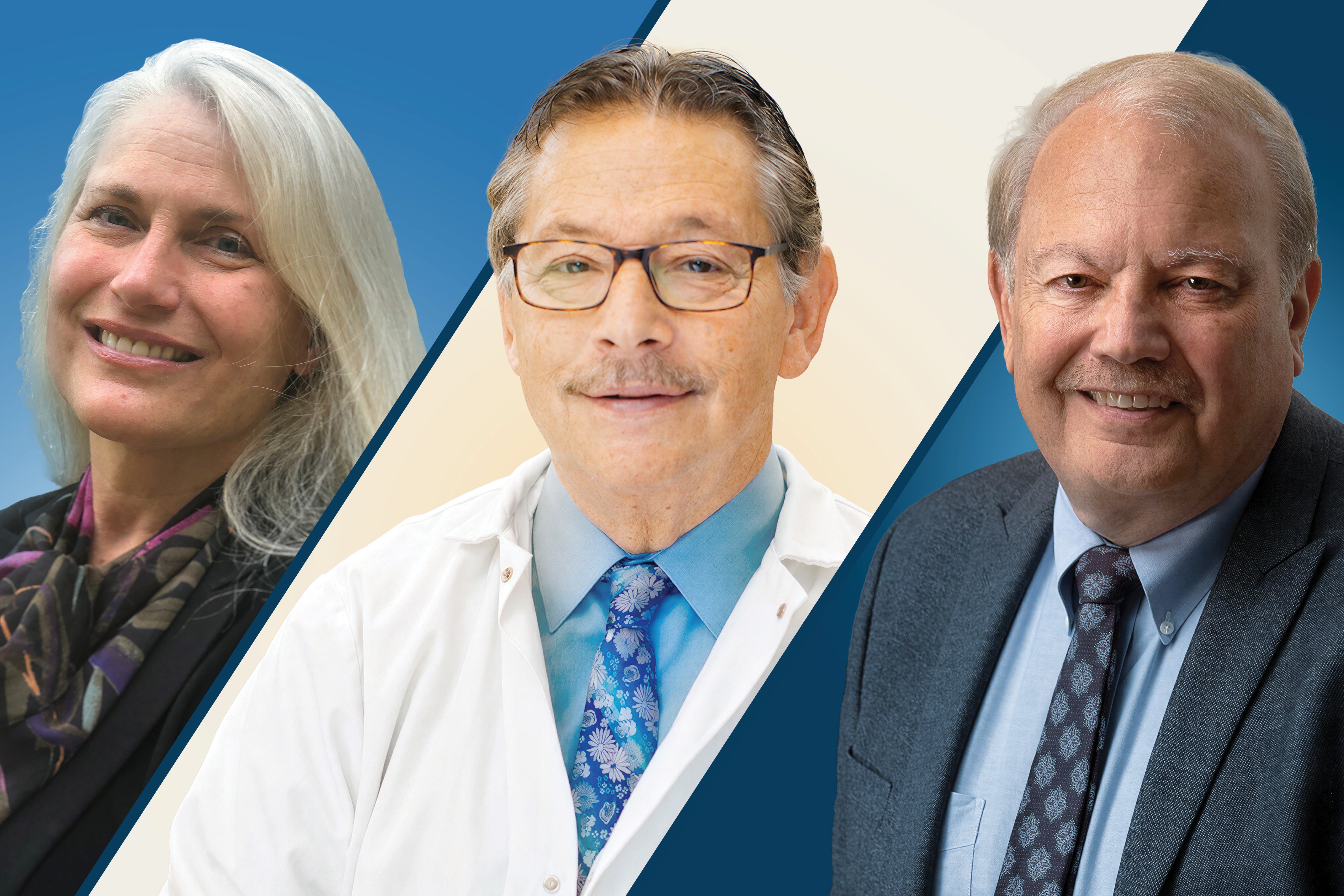 Three UCLA faculty members elected to the National Academy of Medicine appear in a composite portrait, separated by diagonal blue lines: Susan Ettner (left), Donald Kohn (center) and Dennis Slamon (right)