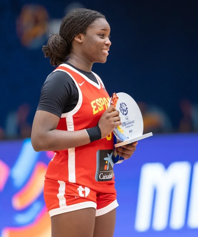 UCLA freshman Somto Okafor holds the MVP trophy after helping Spain win the 2026 FIBA U18 Women’s EuroBasket championship.