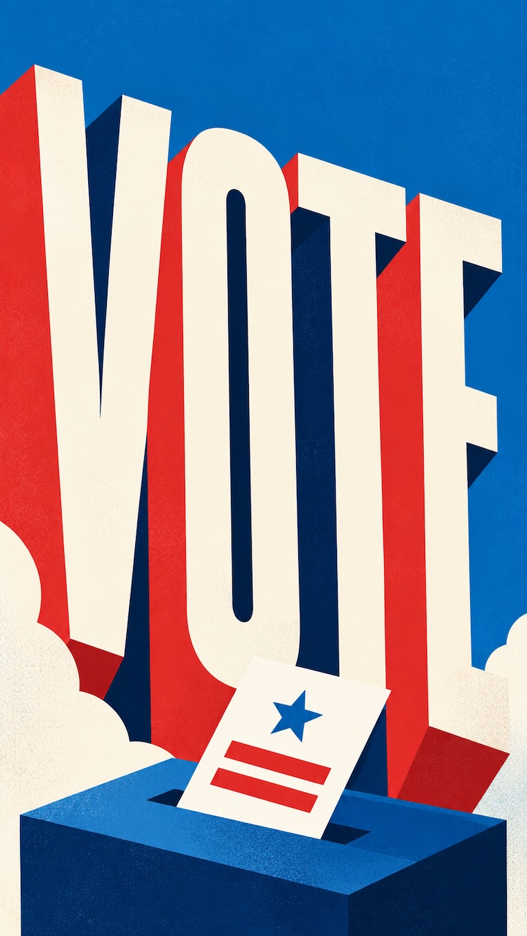  A red, white and blue illustration features oversized “VOTE” lettering behind a ballot being inserted into a blue ballot box.