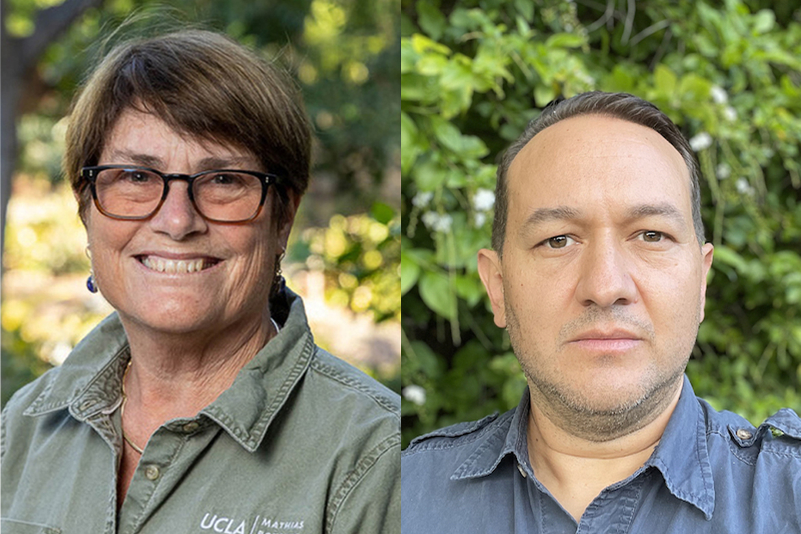 Side-by-side portraits of Victoria Sork, left, wearing glasses and a green jacket, and Felipe Zapata, wearing a blue shirt, outdoors against leafy green backgrounds.