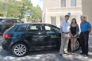 Karl Kharas of Rentech (left), drove the company car fueled with green diesel to UNM to collaborate with Professor Abhaya Datye and Research Professor Hien Pham
