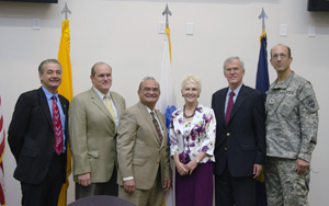 (from left) Roberto Osegueda, VP for Research UTEP, UNM President Robert Frank, NMMT President Dan Lopez, NMSU President Barbara Couture, U.S. Senator Jeff Bingaman, General John Ferrari, Commander WSMR