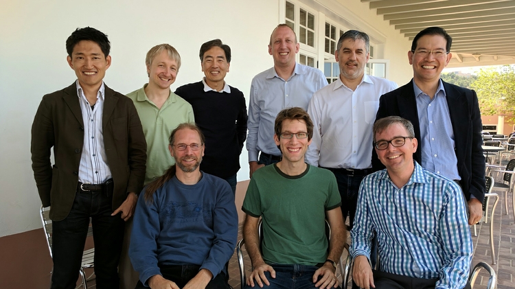 Team of STAQ-project researchers at Ideas Lab meeting at the Santa Fe Institute in Fall 2017. Front row (l. to r.): Hartmut Haeffner (University of California, Berkeley), Aram Harrow (Massachusetts Institute of Technology), and Kenneth Brown (Duke University). Back row l. to r.): Akimasa Miyake (University of New Mexico), Alexey Gorshkov (University of Maryland College Park), Jungsang Kim (Duke University), Peter Love (Tufts University), Christopher Monroe (University of Maryland College Park), and Frederic Chong (University of Chicago). STAQ Project researchers