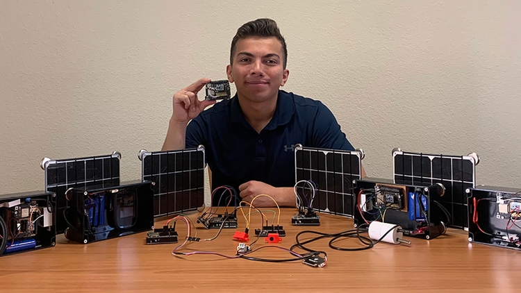 Joshua Murillo, a junior in the Department of Civil, Construction and Environmental Engineering, conducts research with sensors in the Smart Management of Infrastructure Laboratory, led by Fernando Moreu. Joshua Murillo