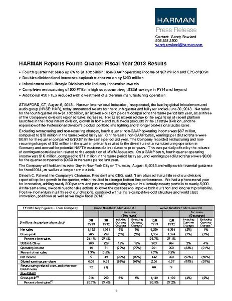 HARMAN Reports Fourth Quarter Fiscal Year 2013 Results