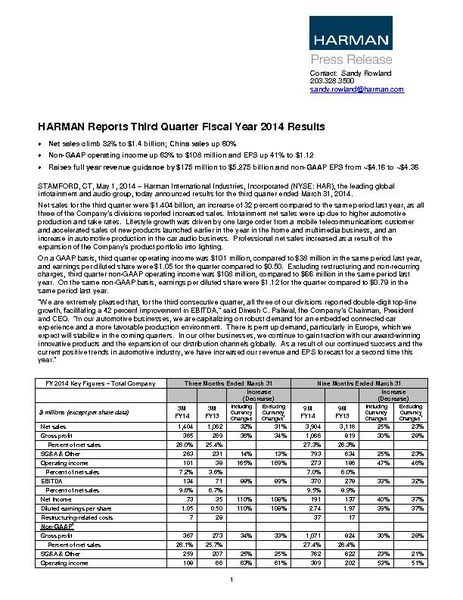 HARMAN Reports Third Quarter Fiscal Year 2014 Results