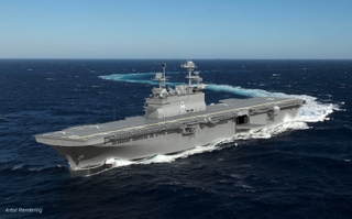 Construction of the amphibious assault ship Bougainville (LHA 8) is scheduled to begin in the fourth quarter of 2018, and delivery is expected in 2024. HII photo Rendering of LHA 8