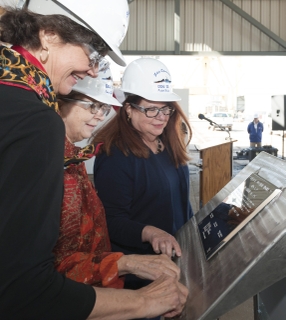 Ship’s Sponsors (left to right) Virginia Munford, Louisa Dixon and Pickett Wilson trace their initials onto a steel plate that will be welded inside the guided missile destroyer Lenah H. Sutcliffe Higbee (DDG 123). Photo by Michael Duhe/HII Lenah H. Sutcliffe Higbee (DDG 123) Keel Authenticated