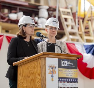 Shana McCool, left and Kate Oja, granddaughters of Richard M. McCool Jr, are ship’s co-sponsors. Photo by Derek Fountain/HII Shana McCool and Kate Oja