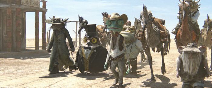 Left to right: Elgin (John Cothran), Ambrose (Ian Abercrombie), Rango (Johnny
Depp), Buford (Blake Clark), Waffles (on horse, James Ward Byrkit), and Spoons
(Alex Manugian) in RANGO, from Paramount Pictures and Nickelodeon Movies.
Photo credit: Courtes...