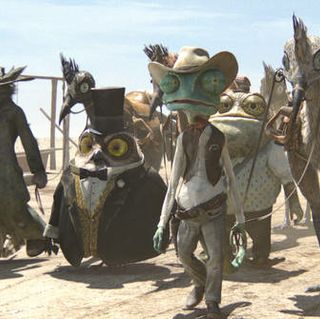 Left to right: Elgin (John Cothran), Ambrose (Ian Abercrombie), Rango (Johnny
Depp), Buford (Blake Clark), Waffles (on horse, James Ward Byrkit), and Spoons
(Alex Manugian) in RANGO, from Paramount Pictures and Nickelodeon Movies.
Photo credit: Courtes...