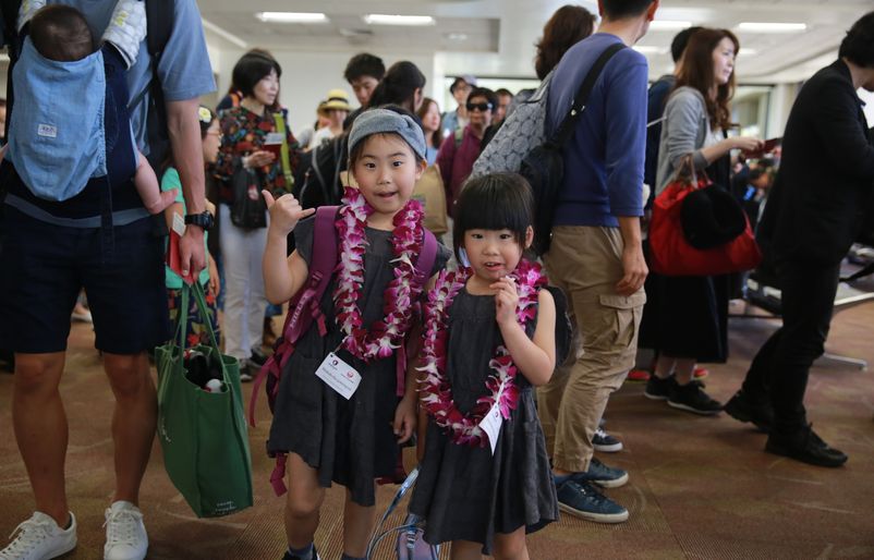 Japanese keiki (children) waiting to board their flight to Tokyo during the celebration of the JAL codeshare partnership at Honolulu's Daniel K. Inouye International Airport. JAL Partnership Launch Keiki