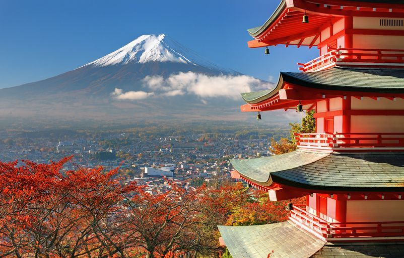 Mt. Fuji viewed from behind Japan's Chureito Pagoda. Mount-Fuji