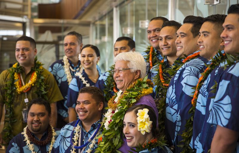 Honoring Dr. Larry Kimura, grandfather of Hawaiian language revitalization, before the Honolulu to Las Vegas flight. IMG_8697_1
