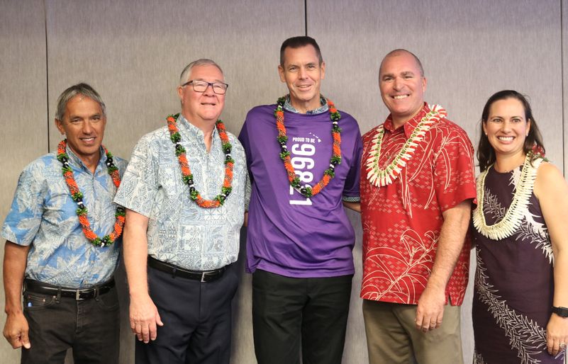 L to R: Nainoa Thompson of Polynesian Voyaging Society, Norm Baker of Aloha United Way, Peter Ingram of Hawaiian Airlines, Kawika Burgess of Hawaiian Islands Land Trust and Amy Marvin of the Bernice Pauahi Bishop Museum Group Photo