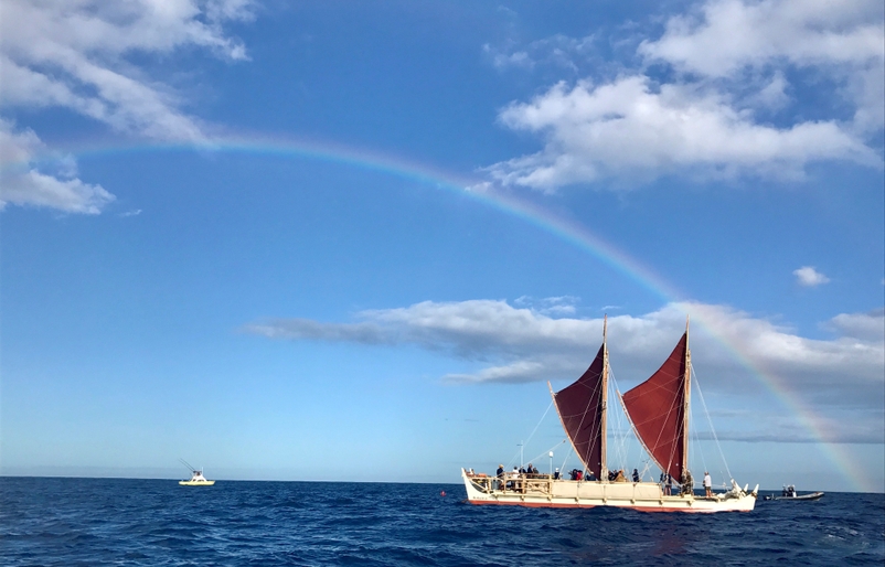 Hōkūleʻa just outside of Diamond Head upon its historical homecoming in 2017. hokulea