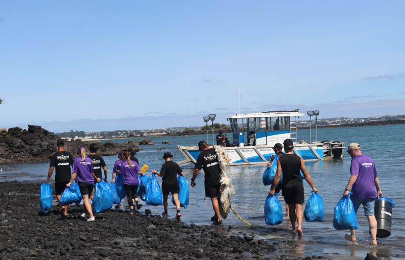 Team Kōkua volunteers in purple and Sea Cleaners volunteers in black joined forces in restoring Rangitoto Island, a popular tourist attraction and a hot spot for marine debris. IMG_0940