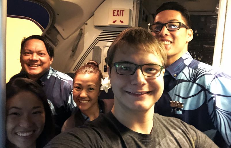 Bachwich and his flight partner often relied on the assistance and hospitality of our in-flight crew members to successfully complete their journey. Here, Bachwich is pictured with the crew that operated his HNL to KOA flight. Alex and Crew