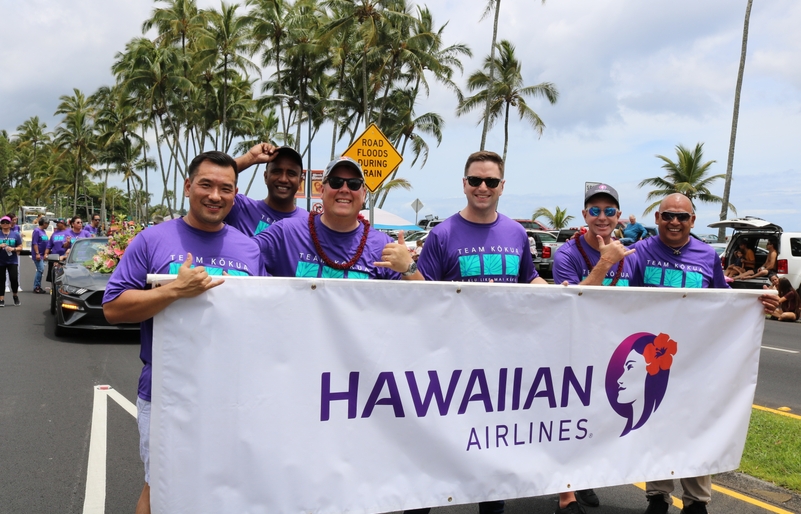Hawaiian Airlines' employee volunteers walking in the Merrie Monarch 2019 parade in Hilo town IMG_4234